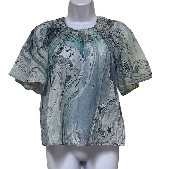 St Roche Honeycomb Top Blue Watercolor Smocked Keyhole Cotton Size Small NWT - Picture 1 of 15